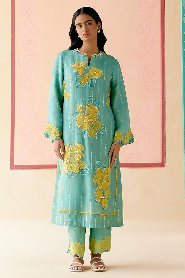Mint Silk Organza Floral Applique Work Kurta Set by I AM DESIGN at Pernia's Pop Up Shop