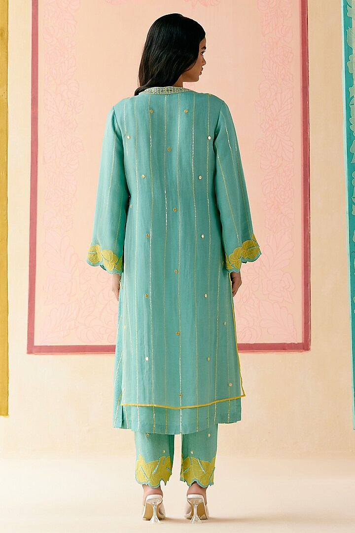 Mint Silk Organza Floral Applique Work Kurta Set by I AM DESIGN at Pernia's Pop Up Shop