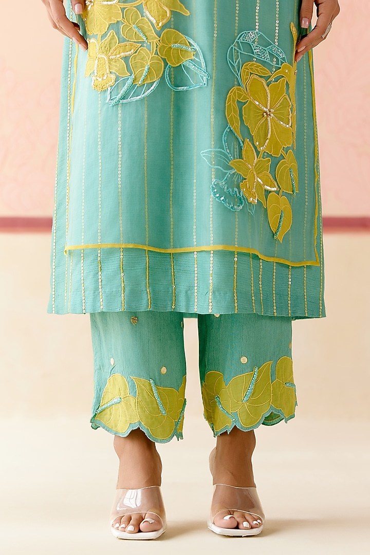 Mint Silk Organza Floral Applique Work Kurta Set by I AM DESIGN at Pernia's Pop Up Shop