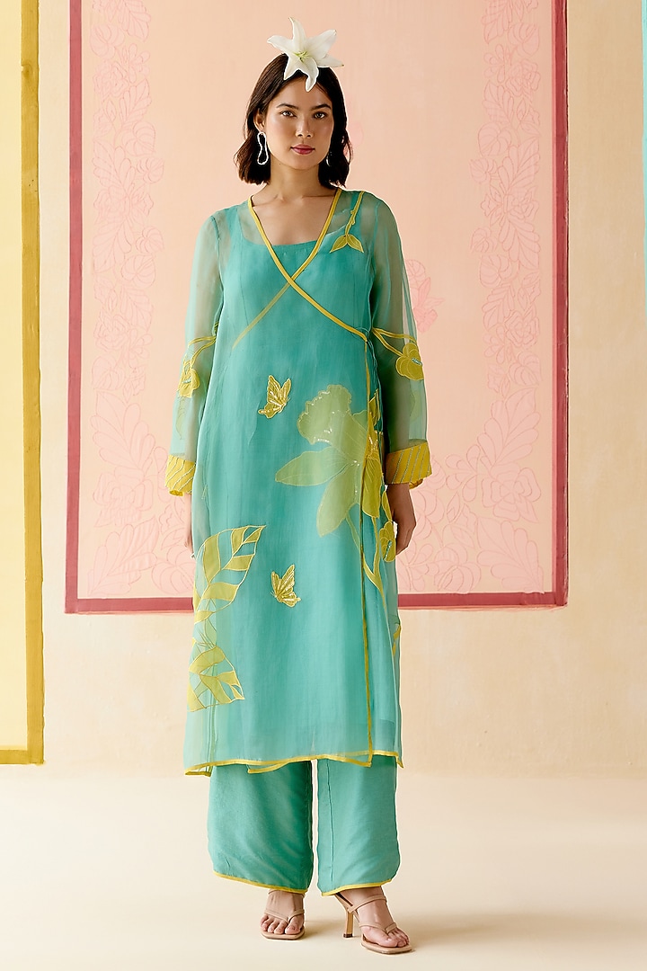 Mint Silk Organza Floral Applique Work Angrakha Kurta Set by I AM DESIGN at Pernia's Pop Up Shop