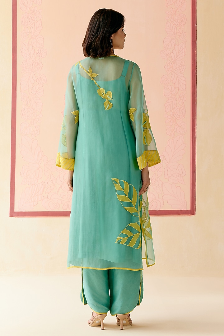 Mint Silk Organza Floral Applique Work Angrakha Kurta Set by I AM DESIGN at Pernia's Pop Up Shop