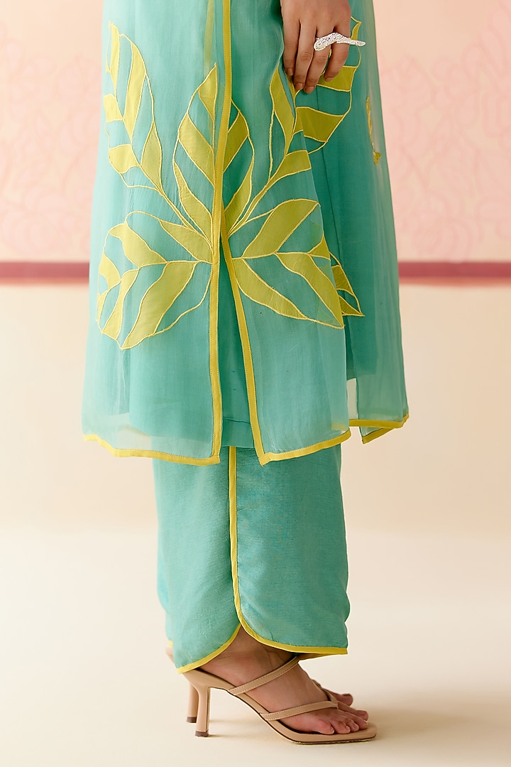 Mint Silk Organza Floral Applique Work Angrakha Kurta Set by I AM DESIGN at Pernia's Pop Up Shop