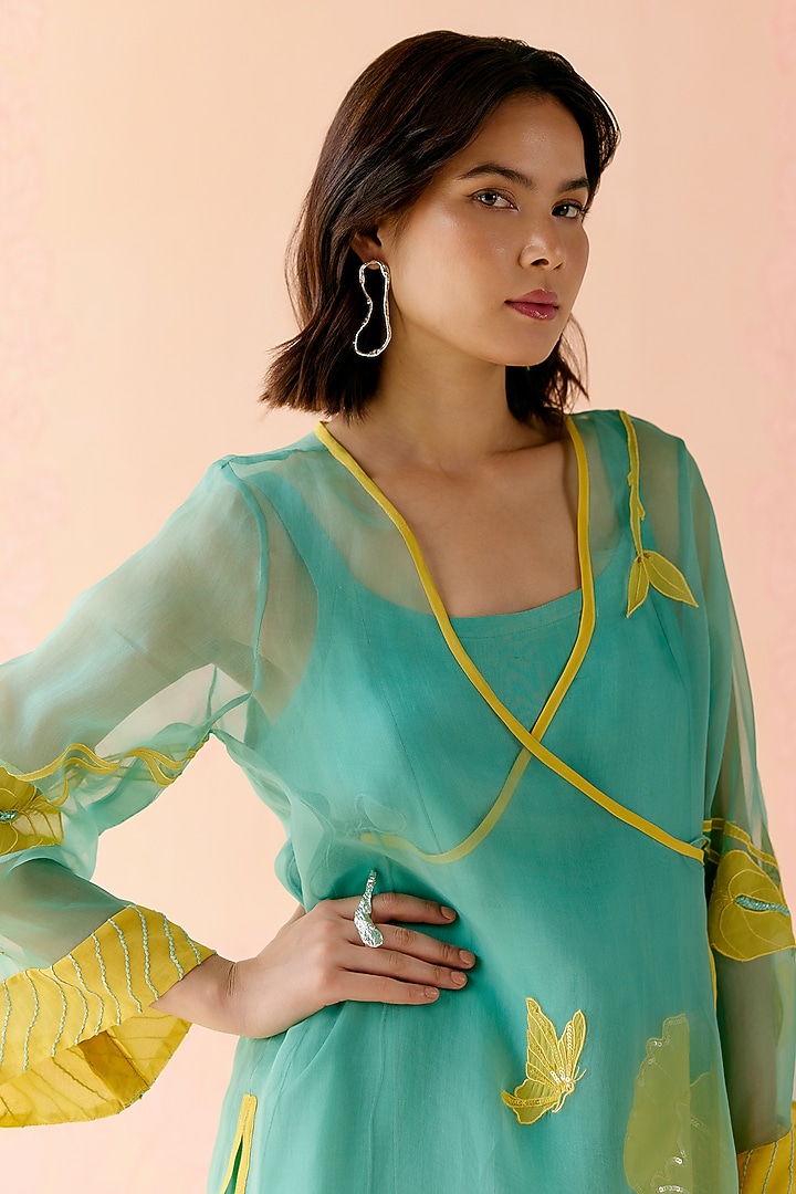 Mint Silk Organza Floral Applique Work Angrakha Kurta Set by I AM DESIGN at Pernia's Pop Up Shop