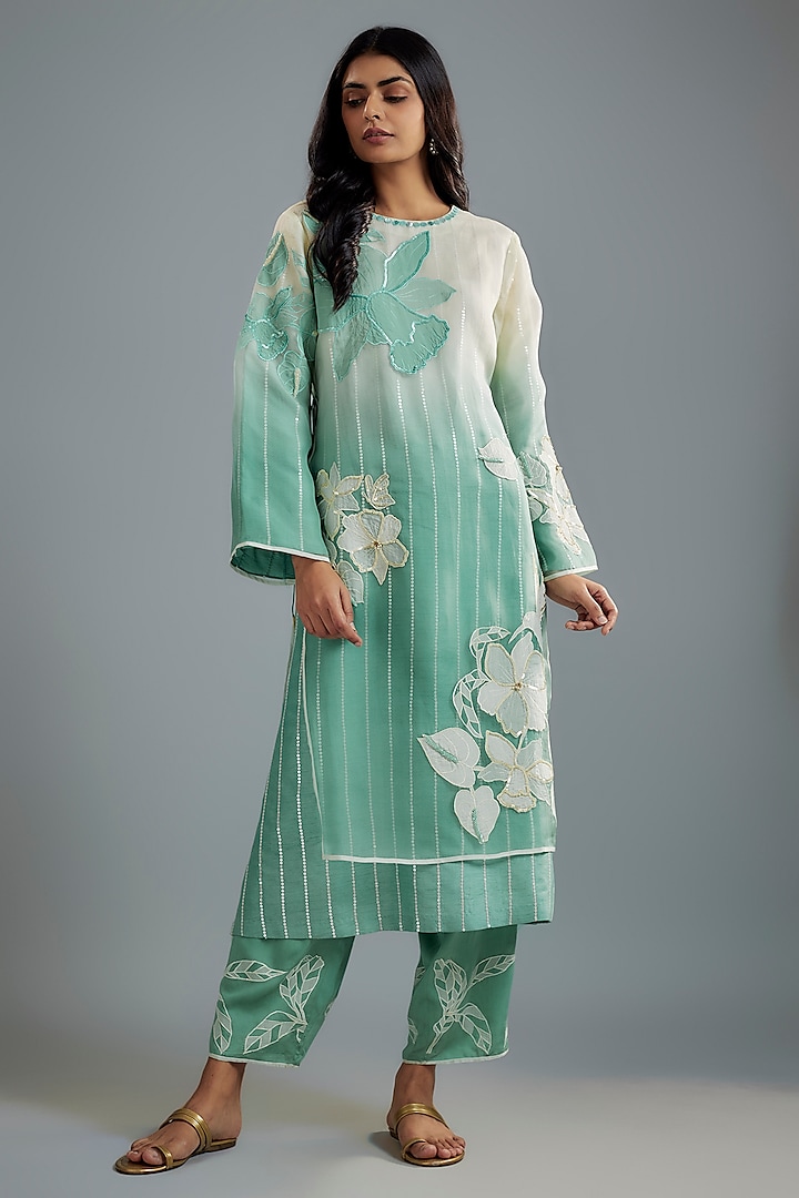Mint Ombre Silk Organza Floral Applique Layered Kurta Set by I AM DESIGN at Pernia's Pop Up Shop