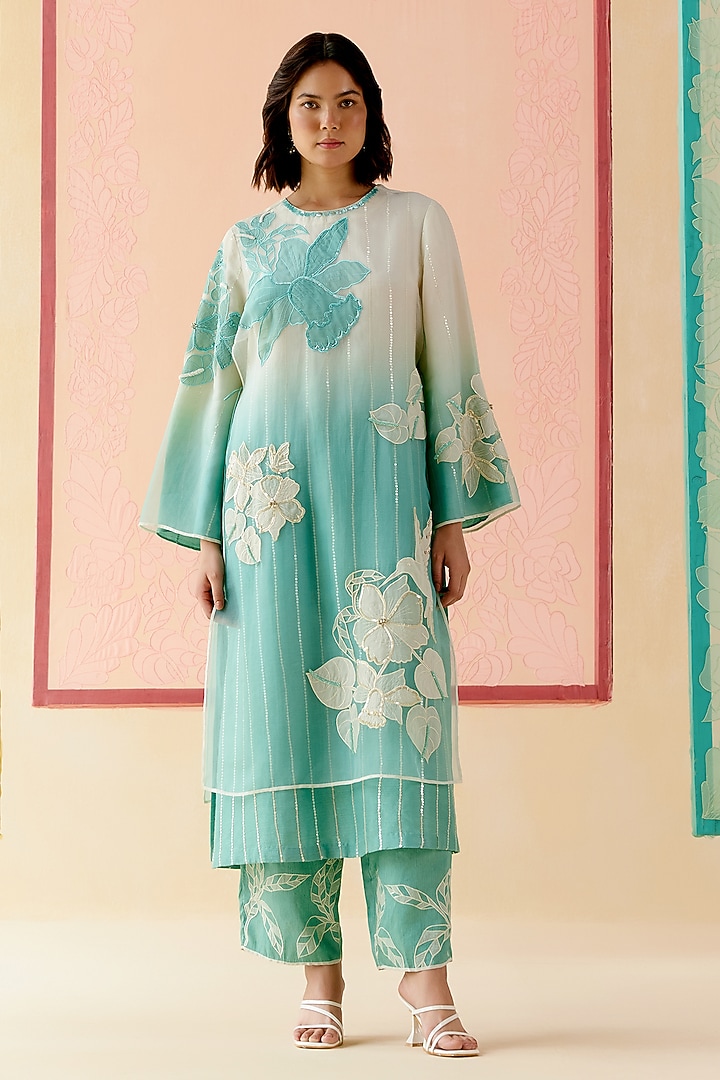 Mint Silk Organza Floral Applique Work Kurta Set by I AM DESIGN at Pernia's Pop Up Shop