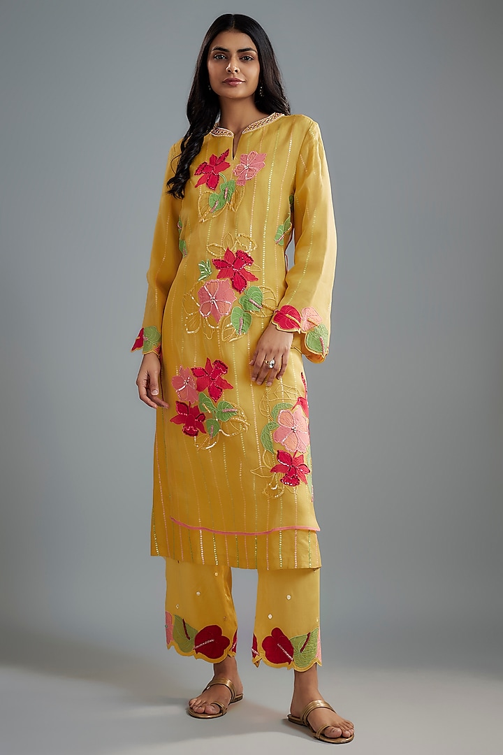 Mustard Silk Organza Floral Applique Layered Kurta Set by I AM DESIGN at Pernia's Pop Up Shop