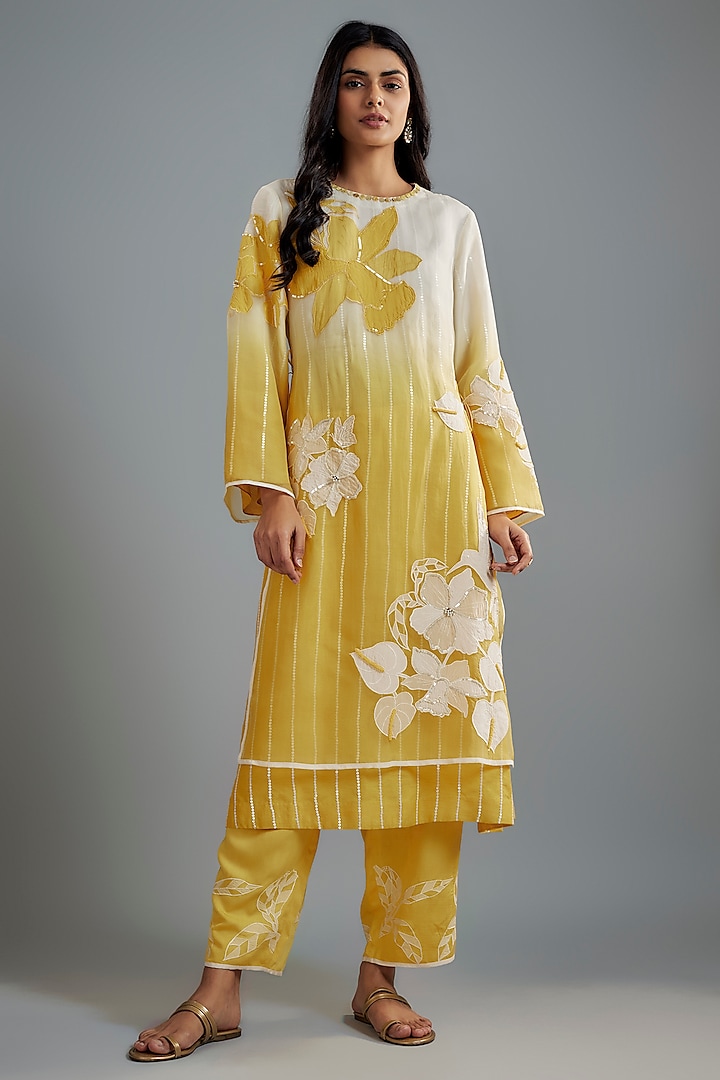 Mustard Ombre Silk Organza Floral Applique Layered Kurta Set by I AM DESIGN at Pernia's Pop Up Shop