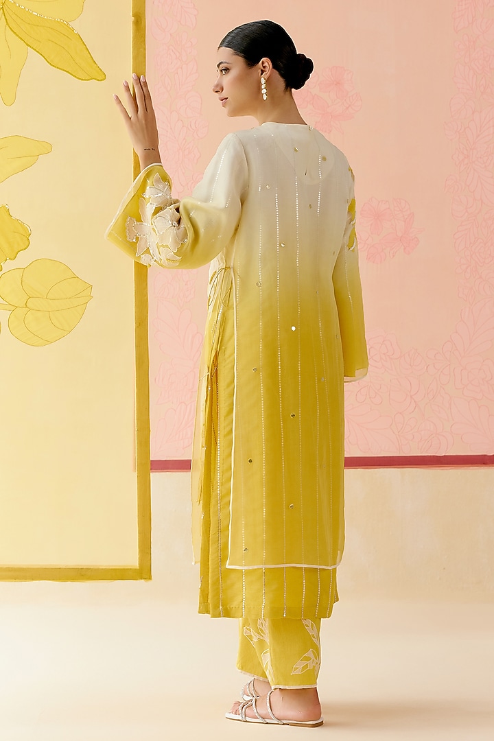 Mustard Silk Organza Floral Applique Work Kurta Set by I AM DESIGN at Pernia's Pop Up Shop
