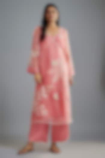 Pink Silk Organza Floral Applique Work Angrakha Kurta Set by I AM DESIGN at Pernia's Pop Up Shop