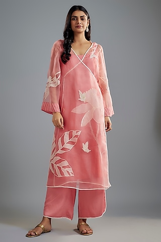 Pink Silk Organza Floral Applique Work Angrakha Kurta Set by I AM DESIGN