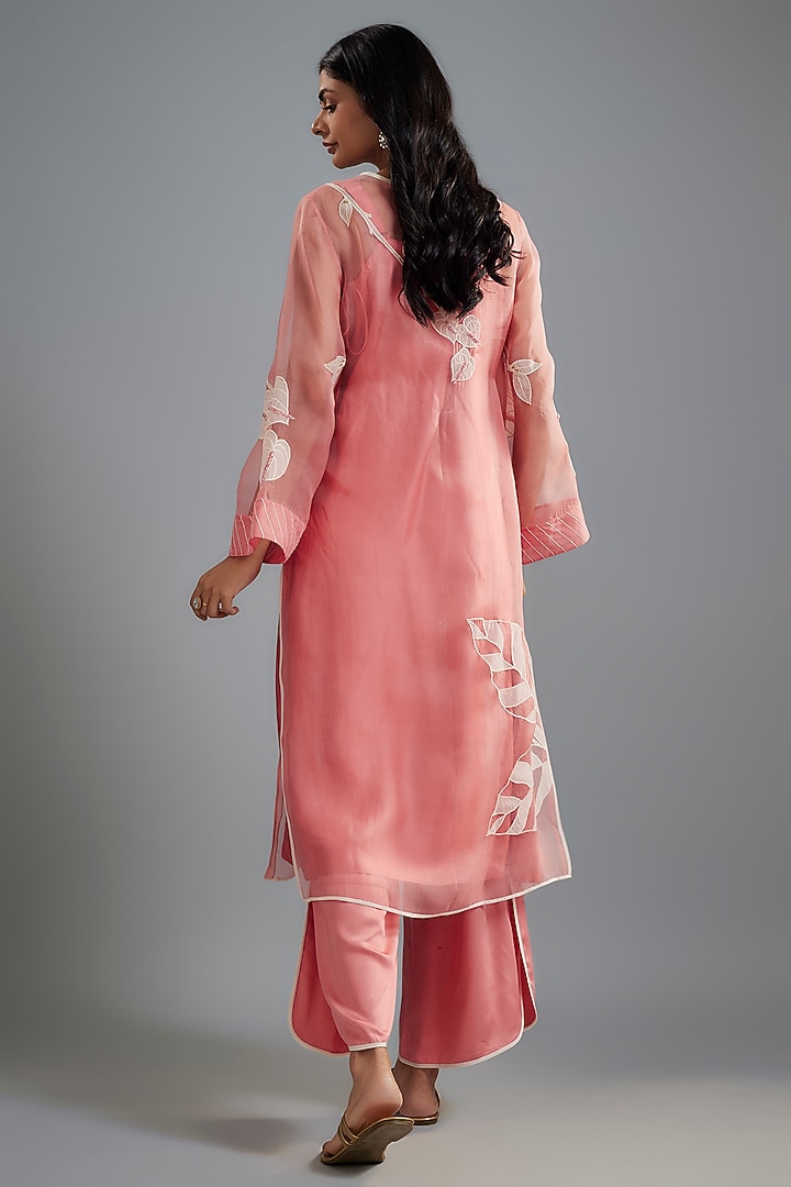 Pink Silk Organza Floral Applique Work Angrakha Kurta Set by I AM DESIGN at Pernia's Pop Up Shop