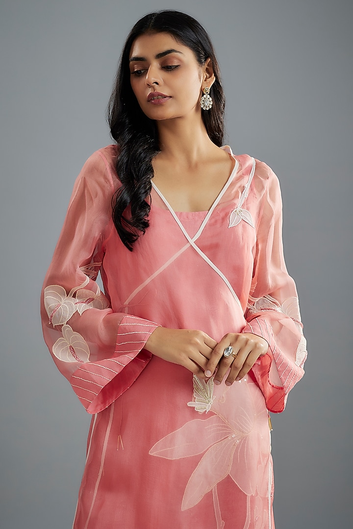 Pink Silk Organza Floral Applique Work Angrakha Kurta Set by I AM DESIGN at Pernia's Pop Up Shop