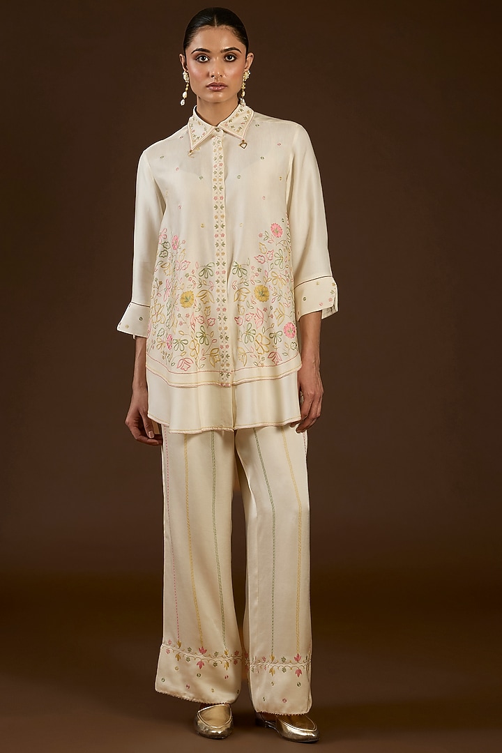 Ivory Linen Satin Floral Embroidered Co-Ord Set by I AM DESIGN at Pernia's Pop Up Shop