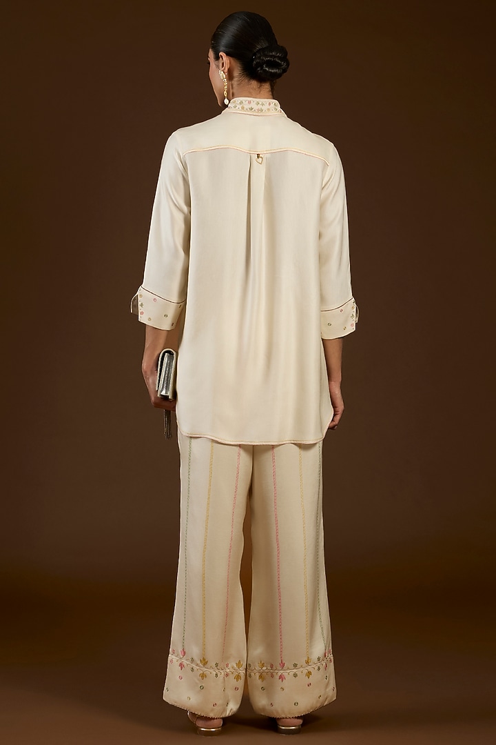 Ivory Linen Satin Floral Embroidered Co-Ord Set by I AM DESIGN at Pernia's Pop Up Shop