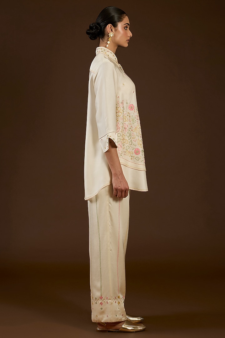 Ivory Linen Satin Floral Embroidered Co-Ord Set by I AM DESIGN at Pernia's Pop Up Shop