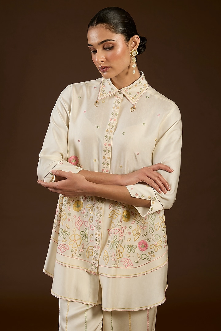 Ivory Linen Satin Floral Embroidered Co-Ord Set by I AM DESIGN at Pernia's Pop Up Shop