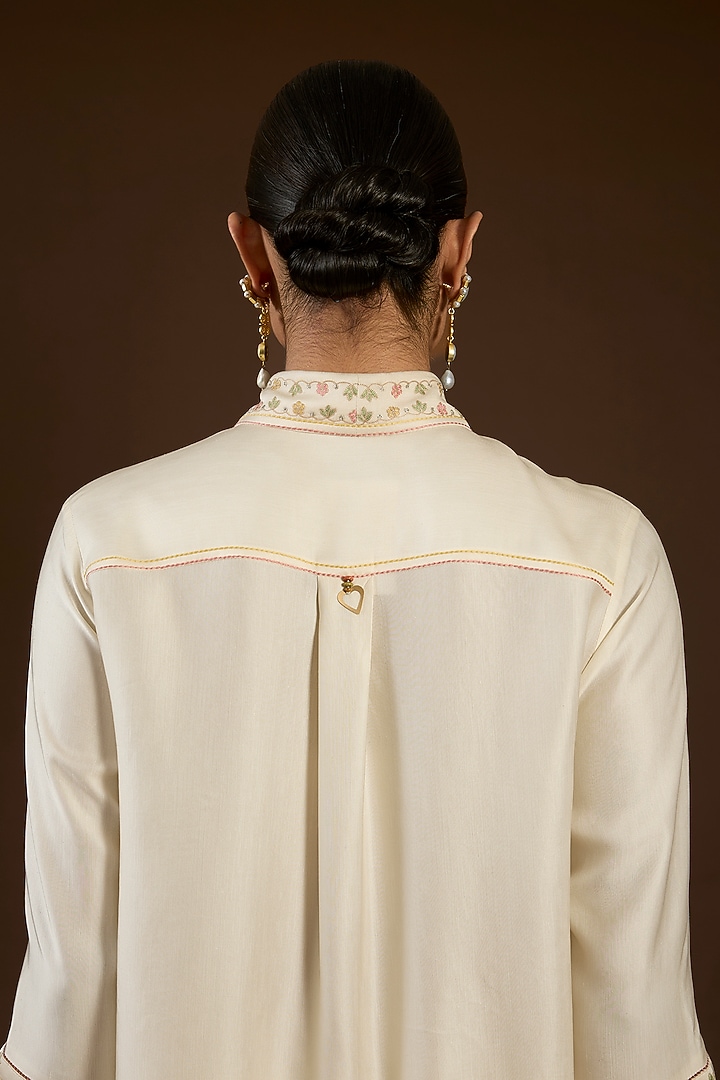 Ivory Linen Satin Floral Embroidered Co-Ord Set by I AM DESIGN at Pernia's Pop Up Shop