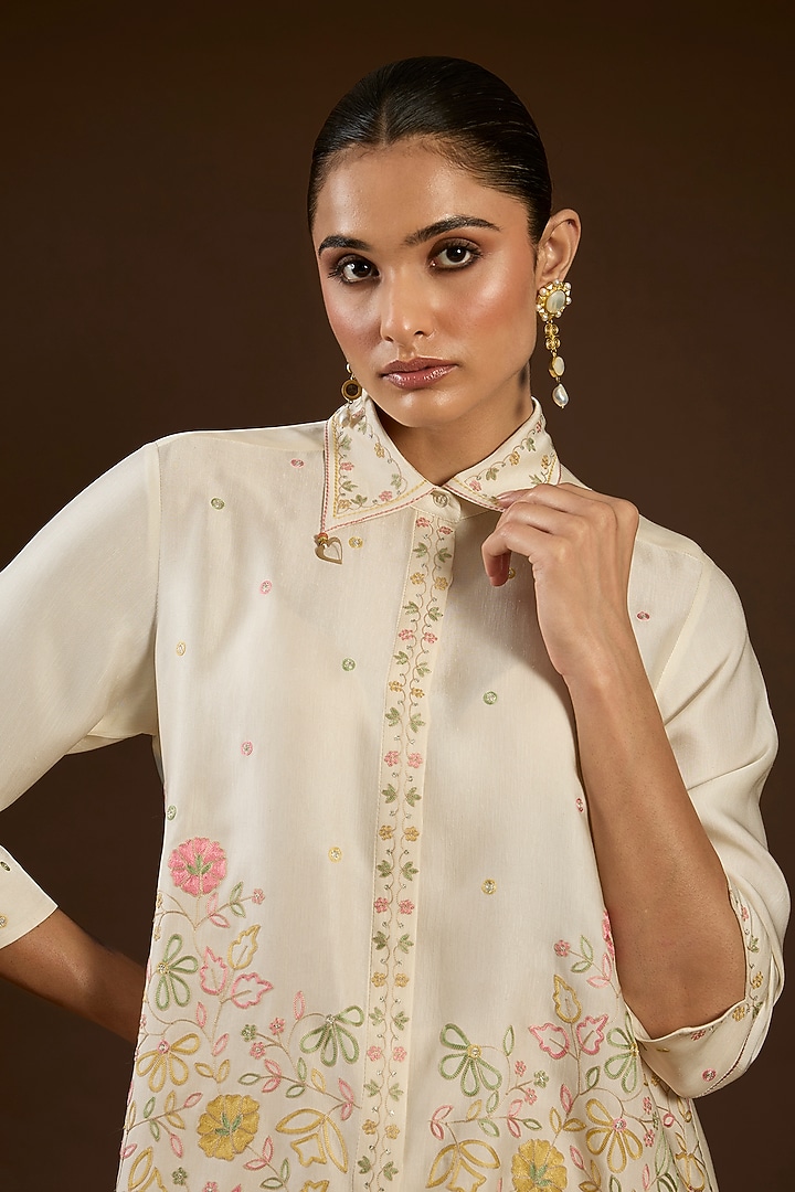 Ivory Linen Satin Floral Embroidered Co-Ord Set by I AM DESIGN at Pernia's Pop Up Shop