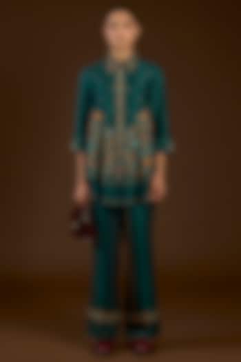 Turquoise Linen Satin Floral Embroidered Co-Ord Set by I AM DESIGN at Pernia's Pop Up Shop