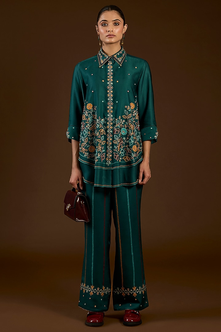 Turquoise Linen Satin Floral Embroidered Co-Ord Set by I AM DESIGN at Pernia's Pop Up Shop