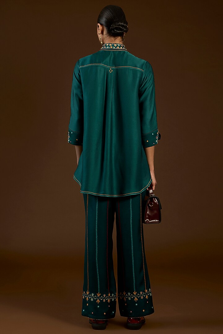 Turquoise Linen Satin Floral Embroidered Co-Ord Set by I AM DESIGN at Pernia's Pop Up Shop
