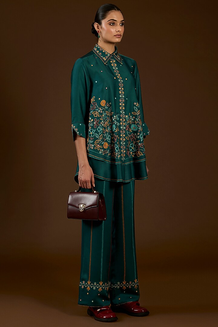 Turquoise Linen Satin Floral Embroidered Co-Ord Set by I AM DESIGN at Pernia's Pop Up Shop