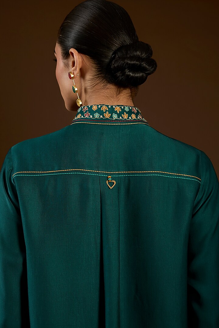 Turquoise Linen Satin Floral Embroidered Co-Ord Set by I AM DESIGN at Pernia's Pop Up Shop