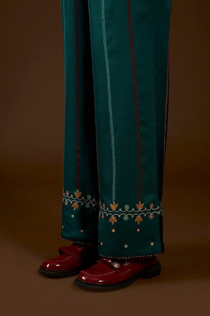 Turquoise Linen Satin Floral Embroidered Co-Ord Set by I AM DESIGN at Pernia's Pop Up Shop