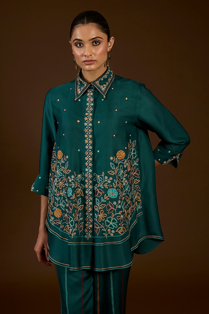 Turquoise Linen Satin Floral Embroidered Co-Ord Set by I AM DESIGN at Pernia's Pop Up Shop