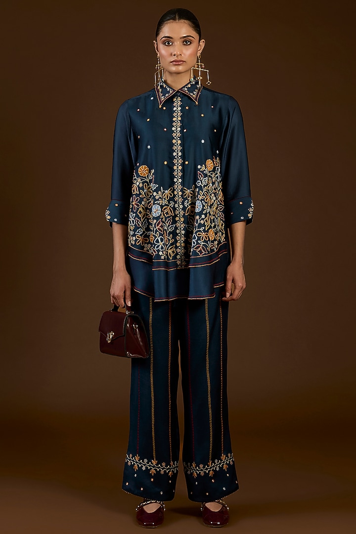 Blue Linen Satin Floral Embroidered Co-Ord Set by I AM DESIGN at Pernia's Pop Up Shop