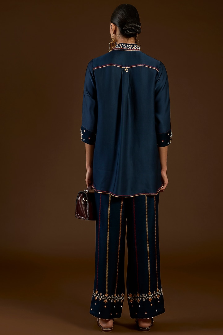 Blue Linen Satin Floral Embroidered Co-Ord Set by I AM DESIGN at Pernia's Pop Up Shop