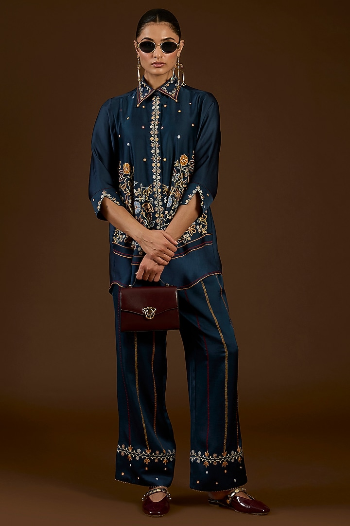 Blue Linen Satin Floral Embroidered Co-Ord Set by I AM DESIGN at Pernia's Pop Up Shop