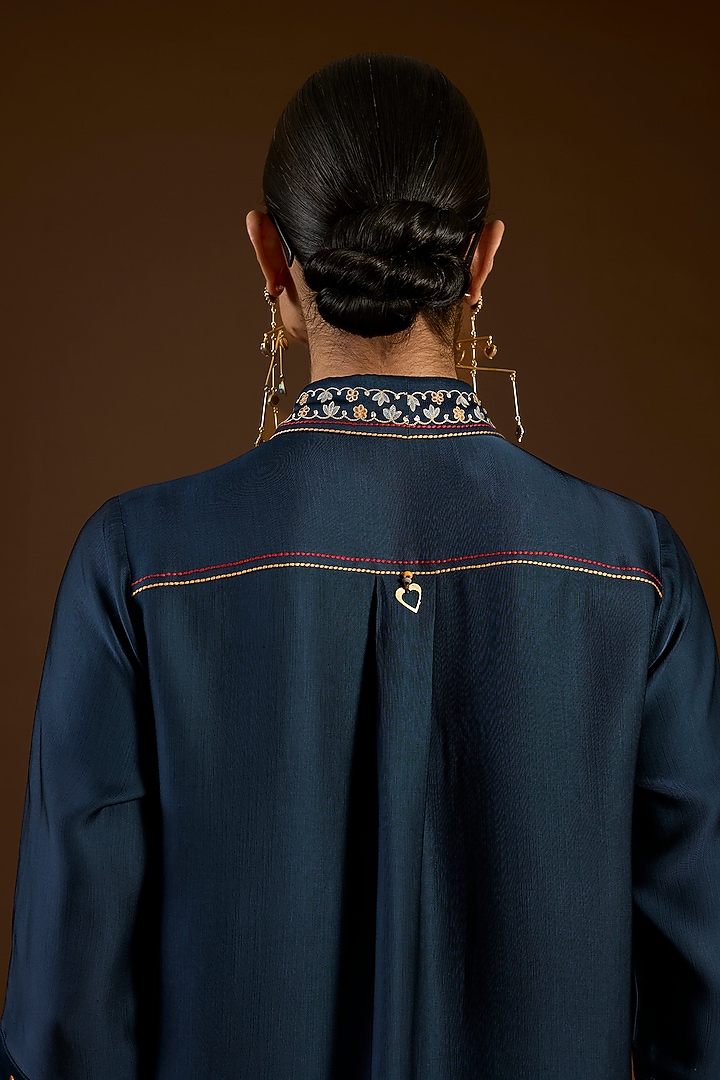 Blue Linen Satin Floral Embroidered Co-Ord Set by I AM DESIGN at Pernia's Pop Up Shop