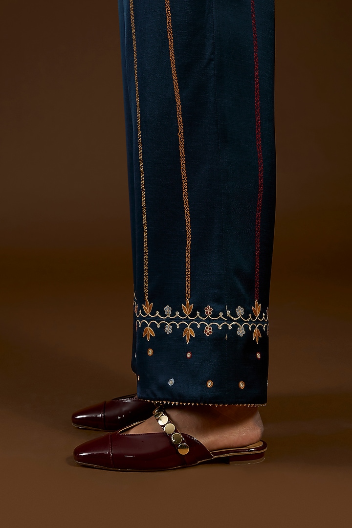 Blue Linen Satin Floral Embroidered Co-Ord Set by I AM DESIGN at Pernia's Pop Up Shop