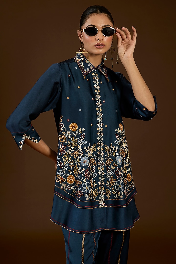 Blue Linen Satin Floral Embroidered Co-Ord Set by I AM DESIGN at Pernia's Pop Up Shop