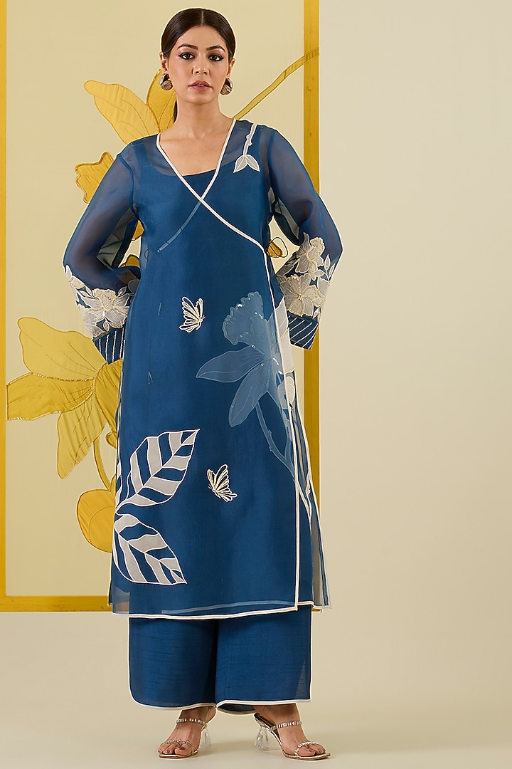 Blue Silk Organza Floral Applique Work Angrakha Kurta Set by I AM DESIGN at Pernia's Pop Up Shop