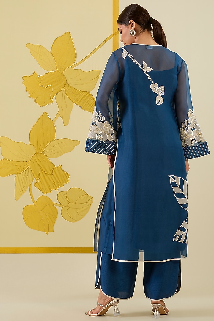 Blue Silk Organza Floral Applique Work Angrakha Kurta Set by I AM DESIGN at Pernia's Pop Up Shop