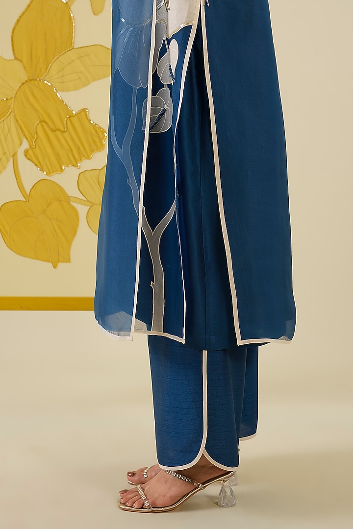 Blue Silk Organza Floral Applique Work Angrakha Kurta Set by I AM DESIGN at Pernia's Pop Up Shop