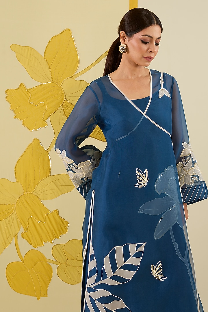 Blue Silk Organza Floral Applique Work Angrakha Kurta Set by I AM DESIGN at Pernia's Pop Up Shop
