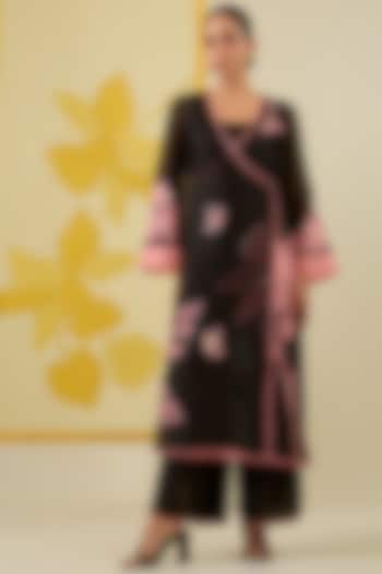 Black Silk Organza Floral Applique Work Angrakha Kurta Set by I AM DESIGN at Pernia's Pop Up Shop