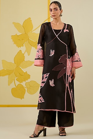 Black Silk Organza Floral Applique Work Angrakha Kurta Set by I AM DESIGN