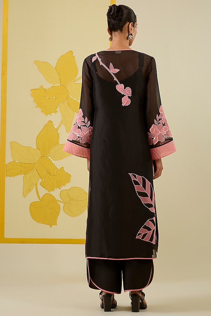 Black Silk Organza Floral Applique Work Angrakha Kurta Set by I AM DESIGN at Pernia's Pop Up Shop