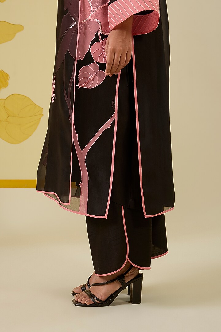 Black Silk Organza Floral Applique Work Angrakha Kurta Set by I AM DESIGN at Pernia's Pop Up Shop