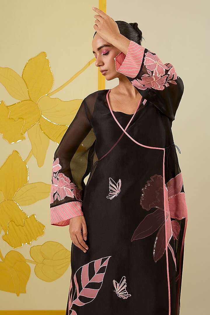 Black Silk Organza Floral Applique Work Angrakha Kurta Set by I AM DESIGN at Pernia's Pop Up Shop