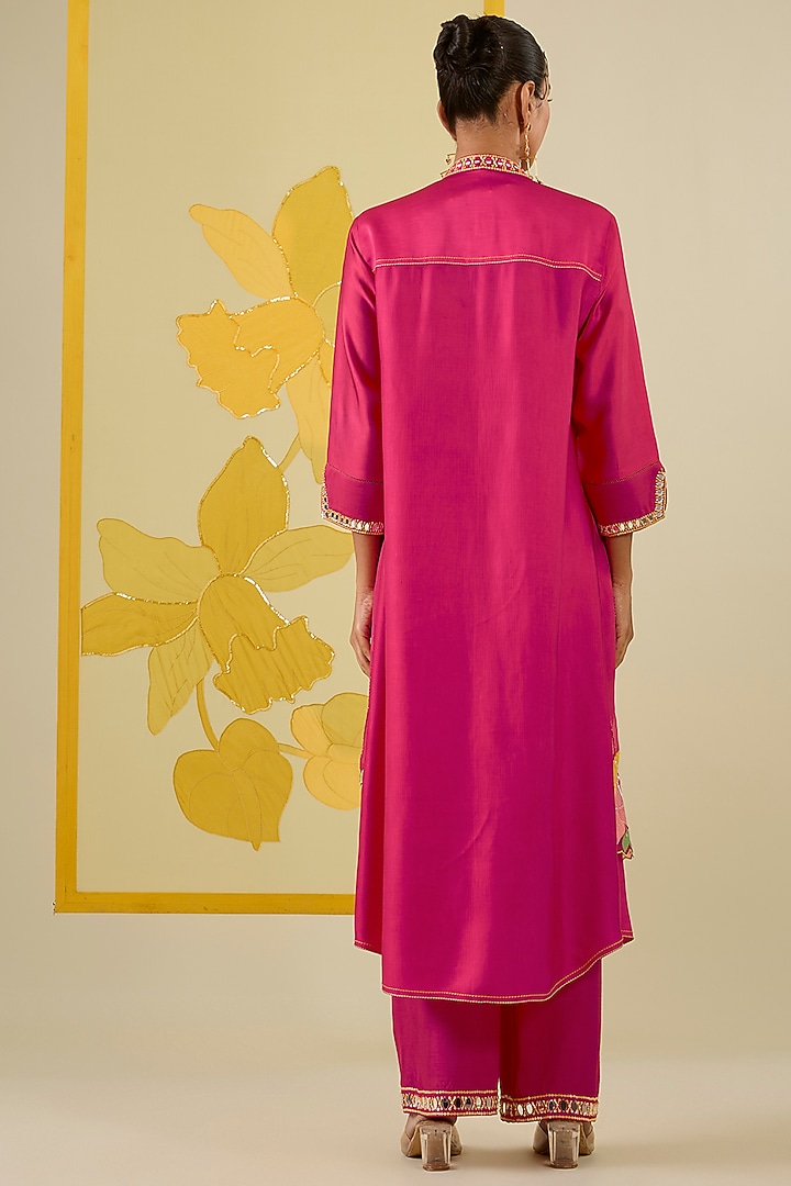 Hot Pink Silk Chanderi Floral Applique Work Kurta Set by I AM DESIGN at Pernia's Pop Up Shop