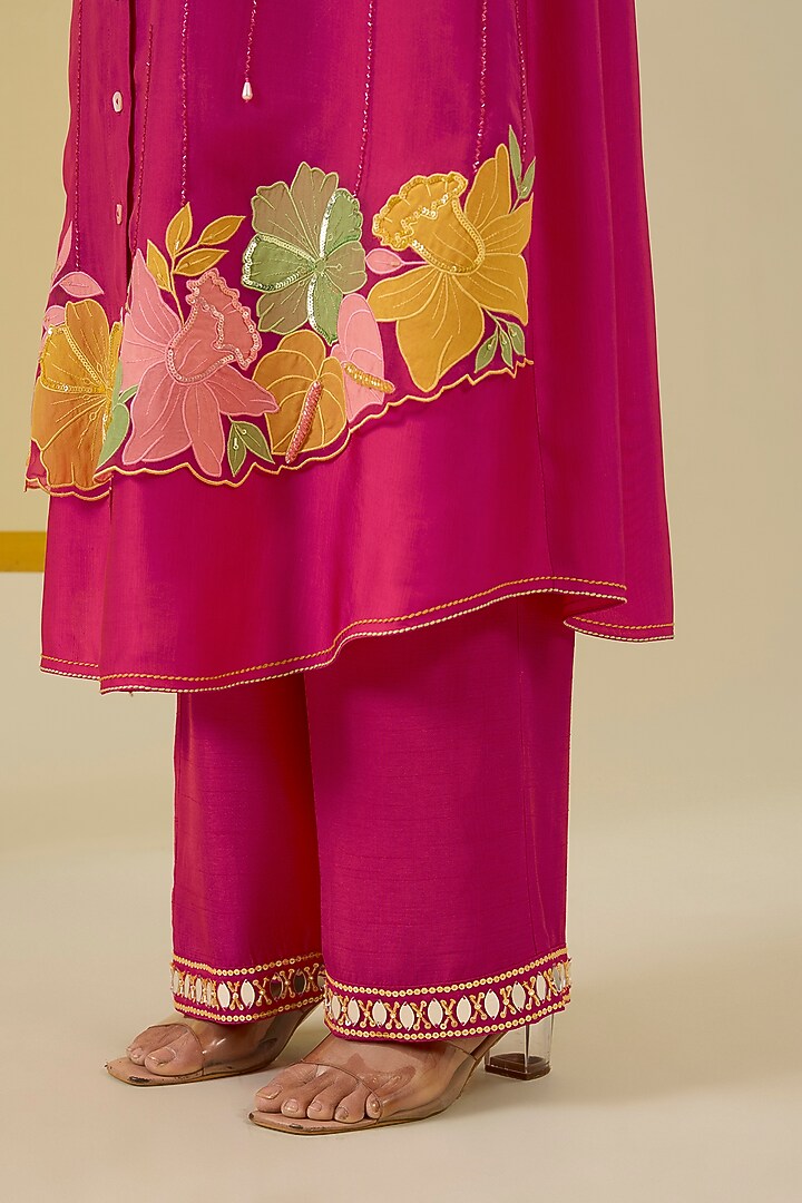 Hot Pink Silk Chanderi Floral Applique Work Kurta Set by I AM DESIGN at Pernia's Pop Up Shop