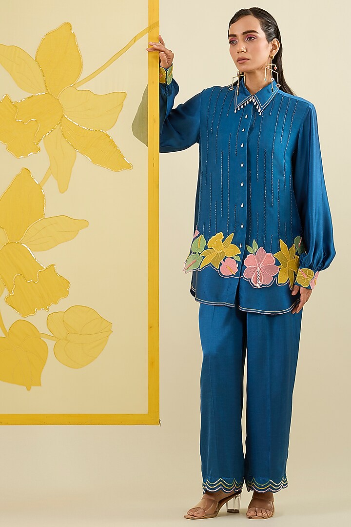Blue Linen Satin Applique Work Co-Ord Set by I AM DESIGN at Pernia's Pop Up Shop