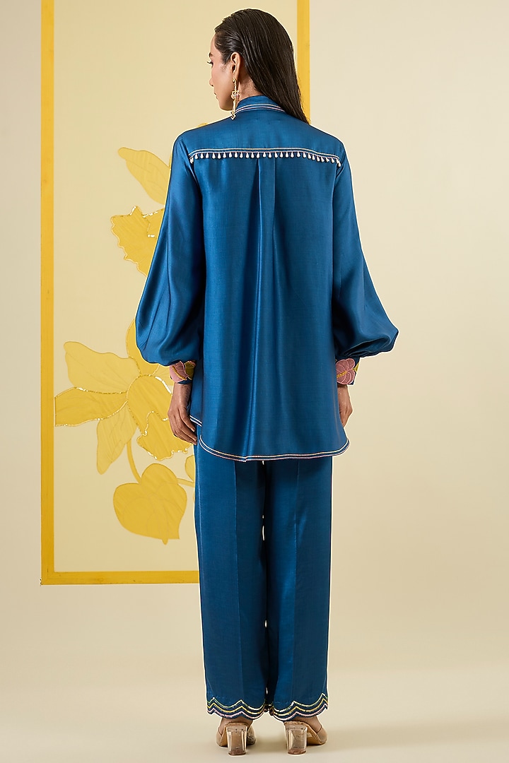 Blue Linen Satin Applique Work Co-Ord Set by I AM DESIGN at Pernia's Pop Up Shop