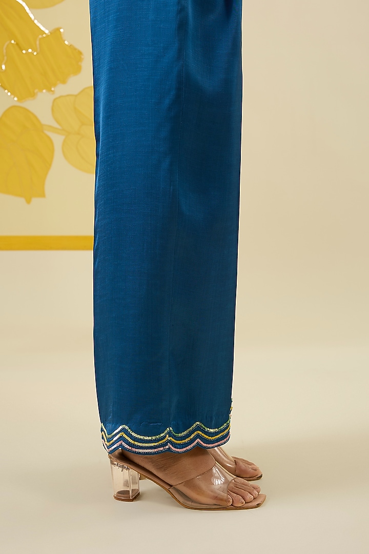Blue Linen Satin Applique Work Co-Ord Set by I AM DESIGN at Pernia's Pop Up Shop
