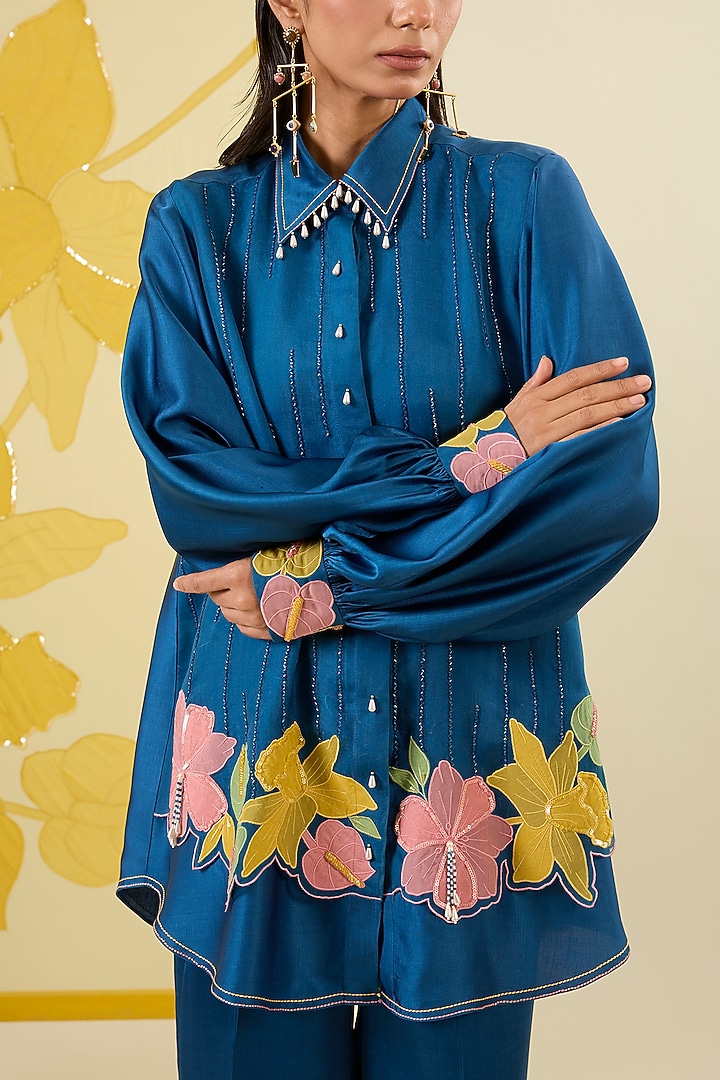 Blue Linen Satin Applique Work Co-Ord Set by I AM DESIGN at Pernia's Pop Up Shop